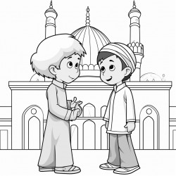 two muslim kids talking with each other front of masjid