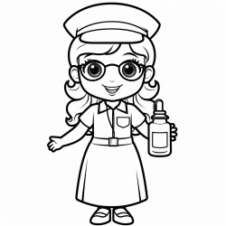 a cute nurse wears glasses and a hat holding hand sanitizer bold and easy