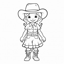 little girl wearing an overall dress with cowboy boots and hat playing outside