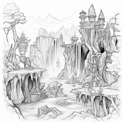 a dark waterfall cascading down jagged rocks surrounded by dead trees and crumbling statues
