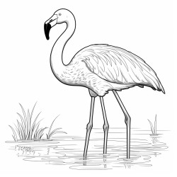 a flamingo standing in shallow water with its legs partially submerged