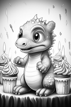 can you draw the outlines of a cute dinosaur trying to blow his birthday cakes candles