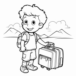 un enfant avec une valise devant des panneaux de direction