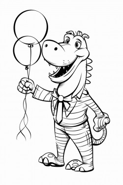 a dancing alligator holding balloons with a dancing zebra