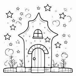 una puerta abierta hacia un horizonte luminoso con detalles de estrellas alrededor pgina para colorear