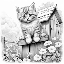 a cute kitten sitting outside her house