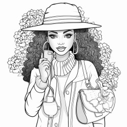 african american woman in fall clothes with pocketbook hat jewelry flowers and makeup