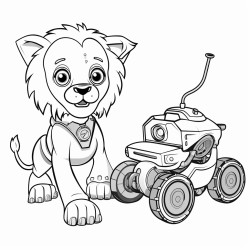 lion playing with a robot