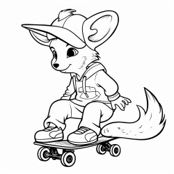 un renard regardant passer un lapin qui traine une tortue sur un skateboard