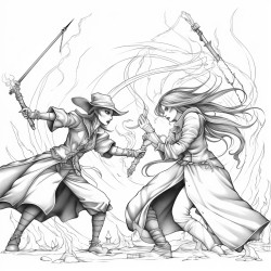 fight scene of a studly gangster battling two female witches and their spells