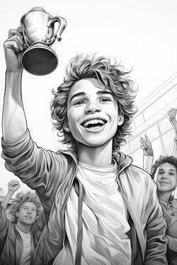 young boy skateboarder holding trophy aloft