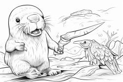 baby chicken with knife in its hand chases walrus