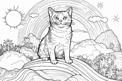 a cat is surfing on a rainbow across the universe between planets and suns no black areas