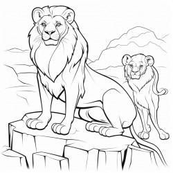 a lion and a lioness standing on a big rock