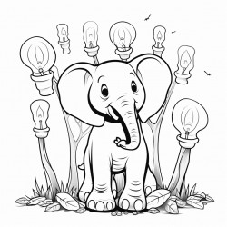 elephant surrounded by lightbulbs in the forest