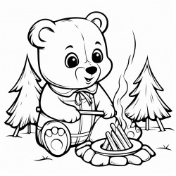 a cute bear cub roasting marshmallows by a campfire black and white outline leaving space for kids to color