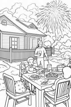 fourth of july scene with fireworks and a family enjoying a bbq grill lunch with dark outlines no color