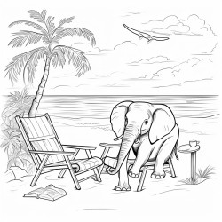 ein elefant trgt einen schwimmreifen und sitzt in einem klappstuhl am strand