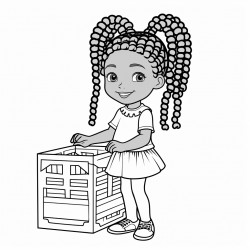 african american little girl with cornrows  wearing a dress with fringes at the bottom that is lifting a box s