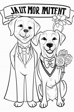 bride groom labrador dog with neon sign that says just married