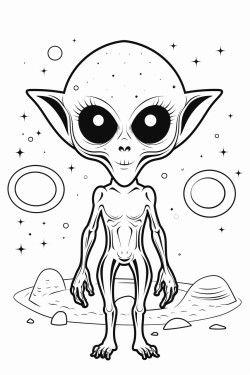 coloring page image with white background and sharp black lines with no grey areas.funny  and scary weird individual alien creature images  with some background. moons