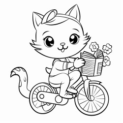 a cat riding a bicycle up a hill of books