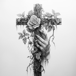 ivy wrapping around a thick wooden cross with a female hand coming up from bottom with a red rose
