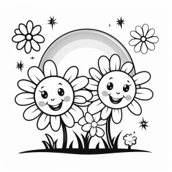 large cartoon like bees with flowers and rainbows