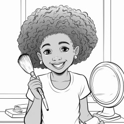 african american kid girl combing her hair in the mirror  smiling in cartoonist style