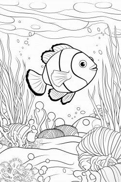 a vibrant clownfish swimming among colorful coral reefs and sea anemones with bubbles rising around it