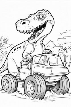 a dinosaur driving a monster truck