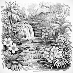 a tropical garden with waterfall coconut trees birds and flowers thick lines