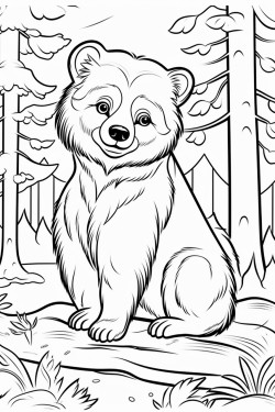 black and white coloring book drawing only thick outlines no grayscale or color for kids cartoon style forest