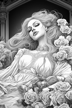 vampire in flowing white gown looking at viewer lying in coffin filled overflowing with white roses