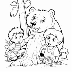 one boy is in a tree the other boy is lying on the ground and being sniffed by a bear