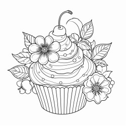 cupcake with a cherry on top and there are candies and flowers around
