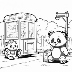 fork bottle fridge and large sausage panda with earrings waiting at a bus stop