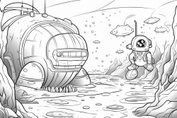 space cat exploring underwater ruins
