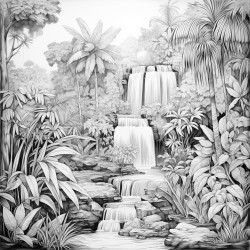 a tropical garden with waterfall coconut trees birds and flowers thick lines