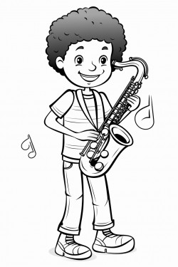 a teenage bari sax player wearing shorts and a swim team shirt he is surrounded by music notes reverberating off of him