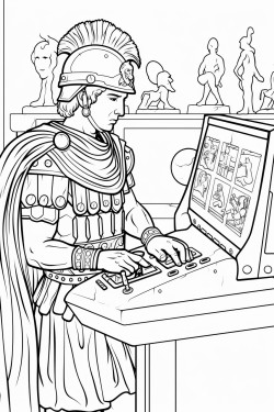 a roman soldier playing an arcade machine