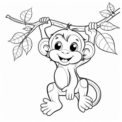 bw coloring book page baby monkey  swinging from a vine line art solid white background