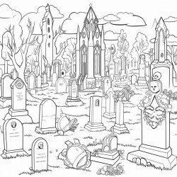a pastel goth graveyard with colorful headstones and ghostly figures