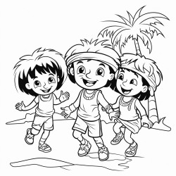 a group of three taino children are playing a game of tag one child has a big smile playfully chases after another the third child giggling climbs a nearby palm tree