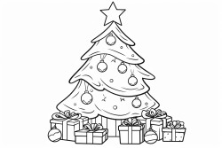a decorated christmas tree with ornaments lights and a star on top presents are stacked beneath the tree