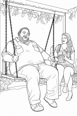 overweight man on riding lawnmower with a beer bottle in hand cigarette in mouth bikini girl giving him backrub