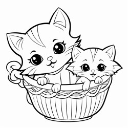 a kitten in a basket with a cat sitting beside the basket