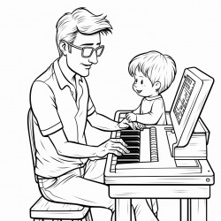 uncle playing keyboard and computer with blonde nephew