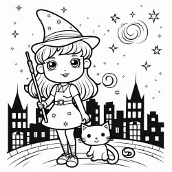 a little witch in a big city with the stars and moon out she has a broom and a white cat