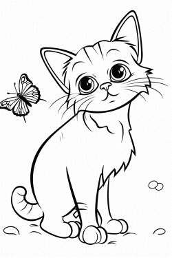 domestic house cat looking at butterfly white background black outline
